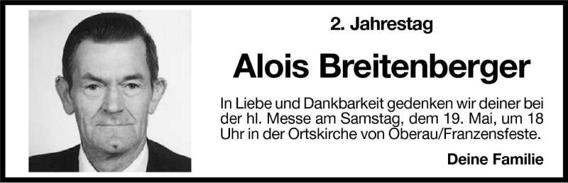  Traueranzeige für Alois Breitenberger vom 18.05.2001 aus Dolomiten