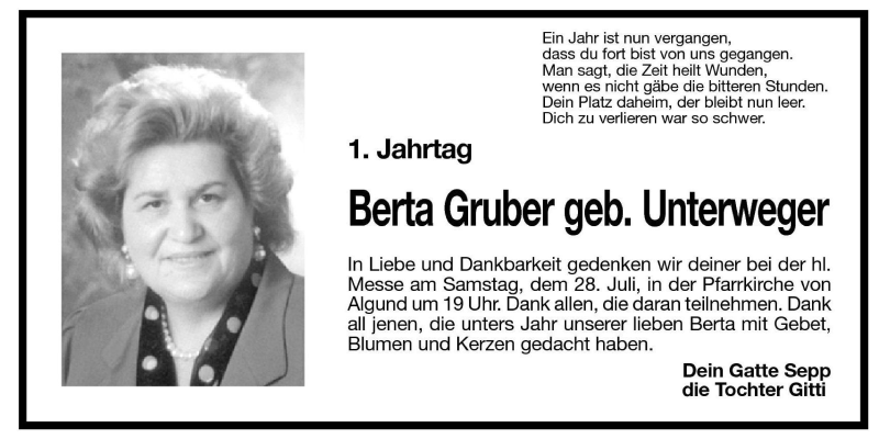  Traueranzeige für Berta Gruber vom 27.07.2001 aus Dolomiten