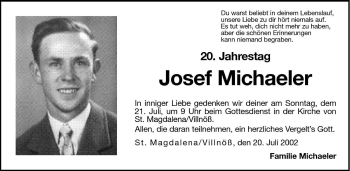 Traueranzeige von Josef Michaeler von Dolomiten