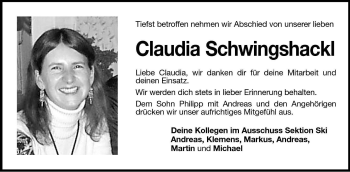 Traueranzeige von Claudia Schwingshackl von Dolomiten