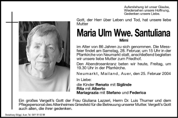 Traueranzeige von Maria Santuliana von Dolomiten