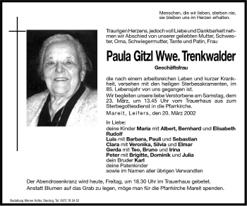 Traueranzeige von Paula Trenkwalder von Dolomiten