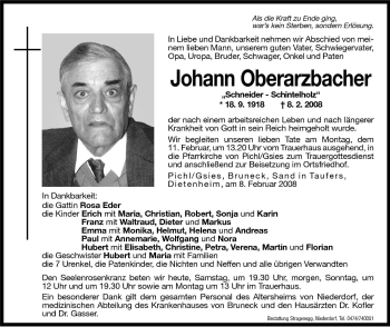 Traueranzeige von Johann Oberarzbacher von Dolomiten