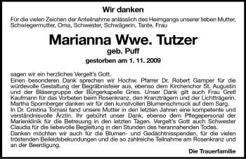 Traueranzeige von Marianna Tutzer von Dolomiten