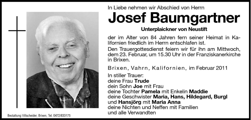  Traueranzeige für Josef Baumgartner vom 21.02.2011 aus Dolomiten