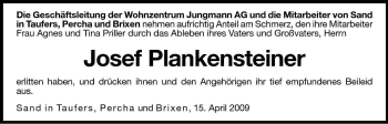 Traueranzeige von Josef Plankensteiner von Dolomiten