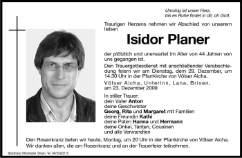 Traueranzeige von Isidor Planer von Dolomiten