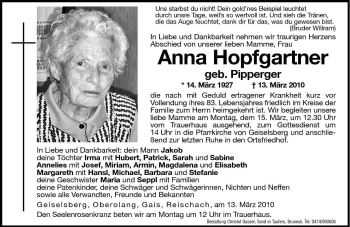 Traueranzeige von Anna Hopfgartner von Dolomiten
