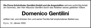 Traueranzeige von Domenico Gentilini von Dolomiten