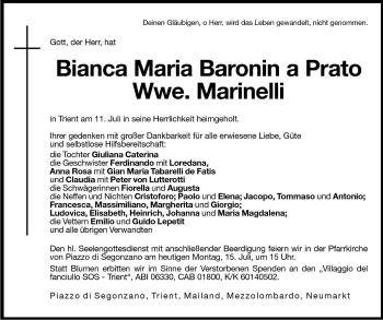 Traueranzeige von Bianca Maria Baronin a Prato von Dolomiten