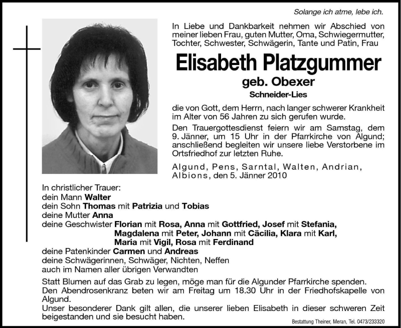  Traueranzeige für Elisabeth Platzgummer vom 08.01.2010 aus Dolomiten