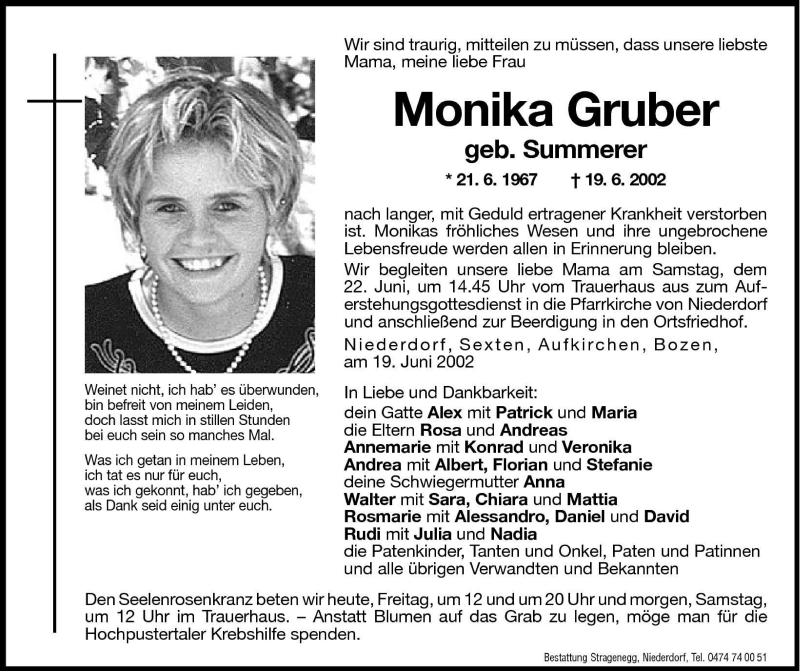  Traueranzeige für Monika Gruber vom 21.06.2002 aus Dolomiten