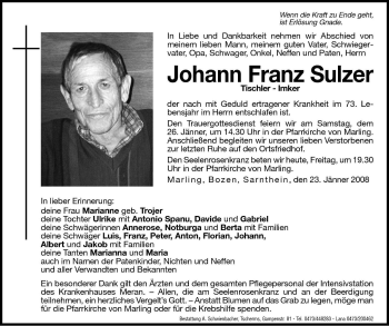 Traueranzeige von Johann Franz Sulzer von Dolomiten