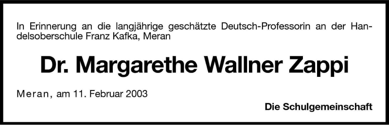  Traueranzeige für Margarethe Wallner Zappi vom 12.02.2003 aus Dolomiten