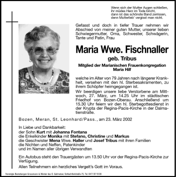 Traueranzeige von Maria Fischnaller von Dolomiten