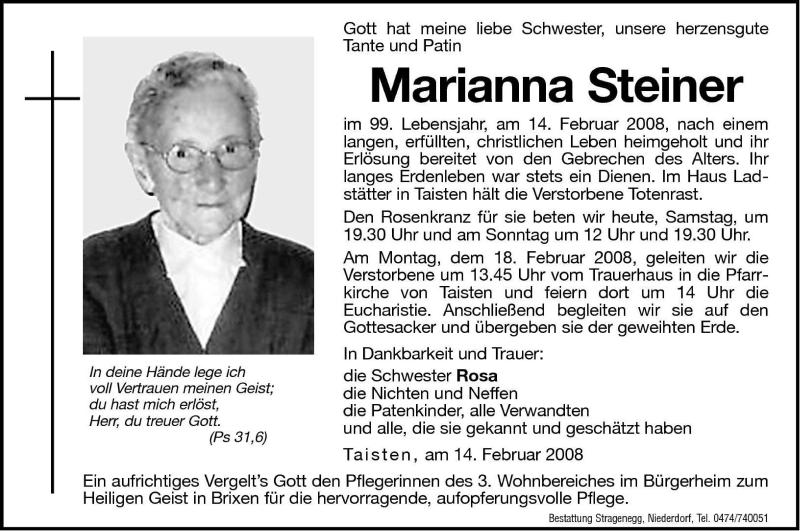  Traueranzeige für Marianna Steiner vom 16.02.2008 aus Dolomiten