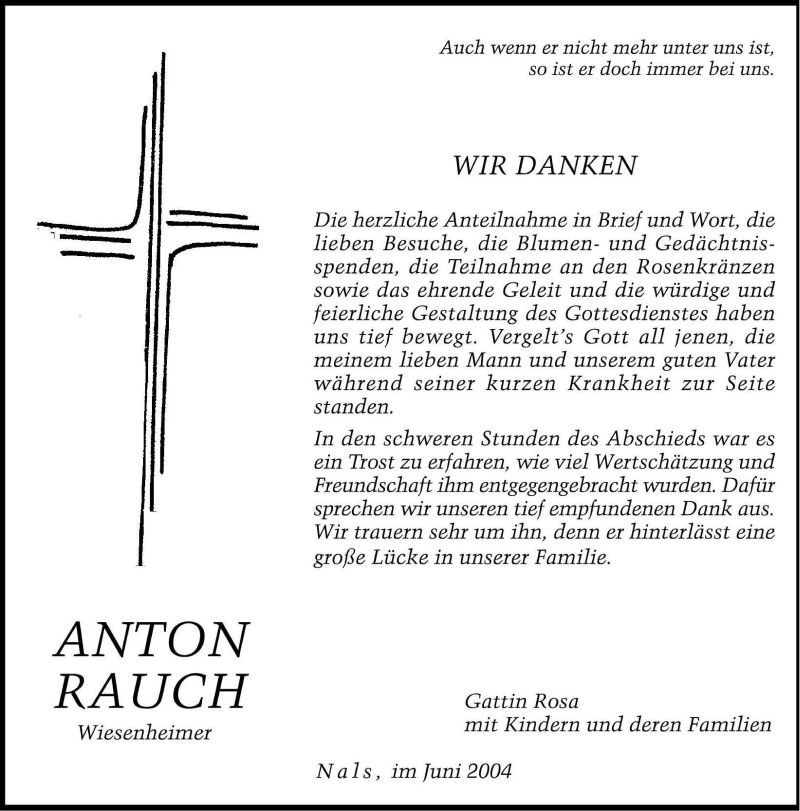  Traueranzeige für Anton Rauch vom 04.06.2004 aus Dolomiten