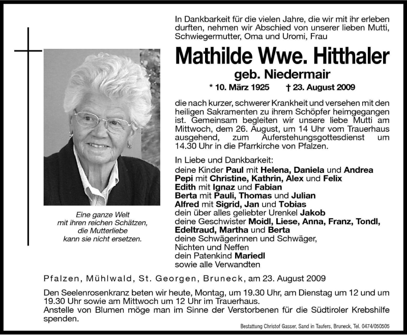  Traueranzeige für Mathilde Hitthaler vom 24.08.2009 aus Dolomiten