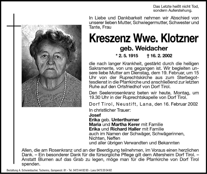  Traueranzeige für Kreszenz Klotzner vom 18.02.2002 aus Dolomiten