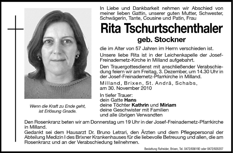  Traueranzeige für Rita Tschurtschenthaler vom 02.12.2010 aus Dolomiten