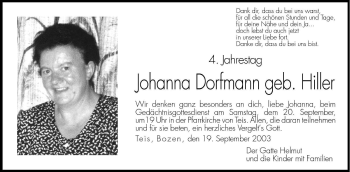 Traueranzeige von Johanna Dorfmann von Dolomiten