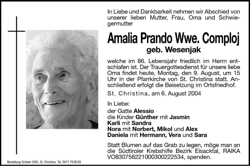  Traueranzeige für Amalia Prando Comploj vom 09.08.2004 aus Dolomiten