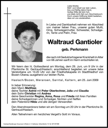 Traueranzeige von Waltraud Gantioler von Dolomiten