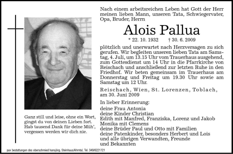  Traueranzeige für Alois Pallua vom 02.07.2009 aus Dolomiten