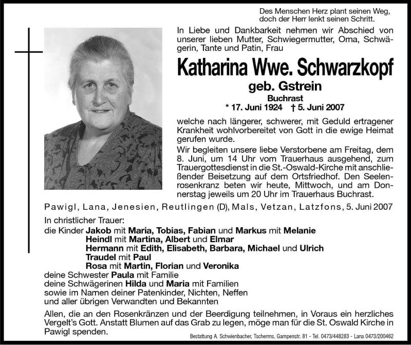  Traueranzeige für Katharina Schwarzkopf vom 06.06.2007 aus Dolomiten