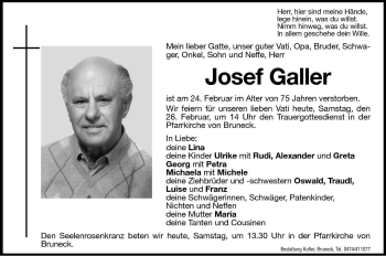 Traueranzeige von Josef Galler von Dolomiten