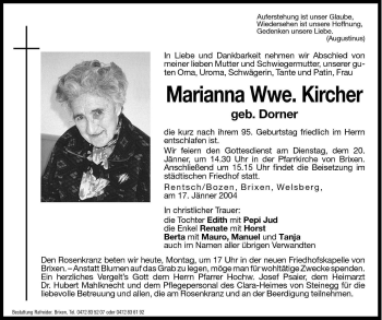 Traueranzeige von Marianna Kircher von Dolomiten