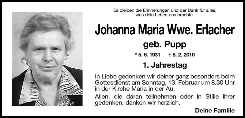  Traueranzeige für Johanna Maria Erlacher vom 11.02.2011 aus Dolomiten