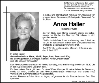 Traueranzeige von Anna Haller von Dolomiten