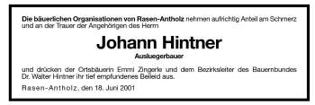 Traueranzeige von Johann Hintner von Dolomiten