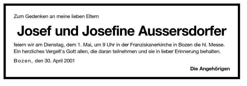 Traueranzeige für Josefine Aussersdorfer vom 30.04.2001 aus Dolomiten
