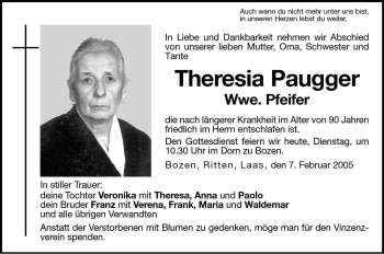 Traueranzeige von Thereisa Paugger von Dolomiten