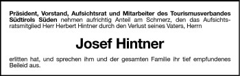 Traueranzeige von Josef Hintner von Dolomiten