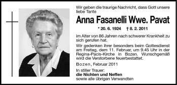Traueranzeige von Anna Pavat von Dolomiten