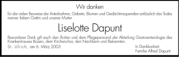 Traueranzeige von Liselotte Dapunt von Dolomiten