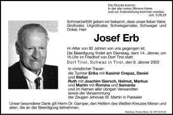 Traueranzeige von Josef Erb von Dolomiten