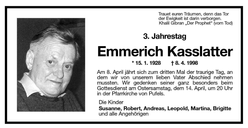  Traueranzeige für Emmerich Kasslatter vom 07.04.2001 aus Dolomiten