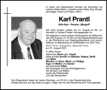 Traueranzeige von Karl Prantl von Dolomiten