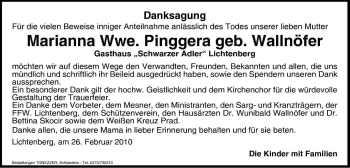 Traueranzeige von Marianna Pinggera von Dolomiten