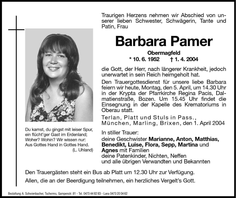  Traueranzeige für Barbara Pamer vom 05.04.2004 aus Dolomiten