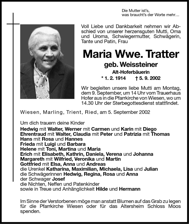  Traueranzeige für Maria Tratter vom 07.09.2002 aus Dolomiten