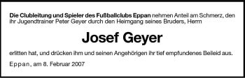 Traueranzeige von Josef (Peppi) Geyer von Dolomiten