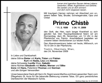 Traueranzeige von Primo Chiste von Dolomiten