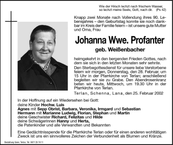 Traueranzeige von Johanna Profanter von Dolomiten