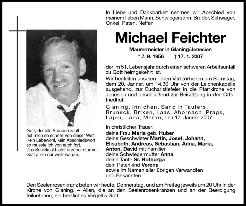  Traueranzeige für Michael Feichter vom 18.01.2007 aus Dolomiten