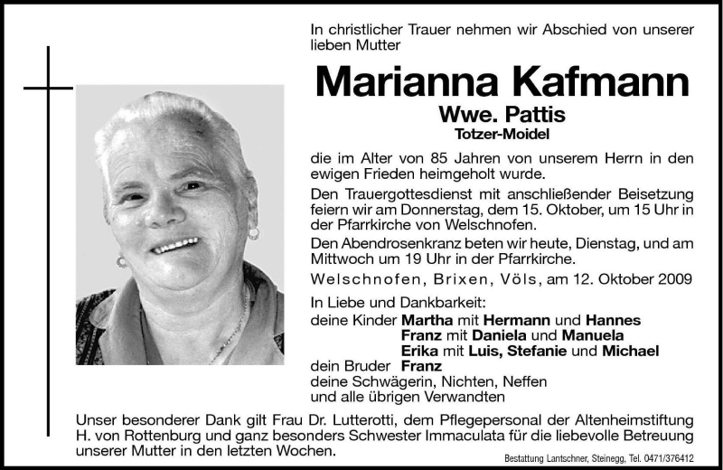  Traueranzeige für Marianna Pattis vom 13.10.2009 aus Dolomiten